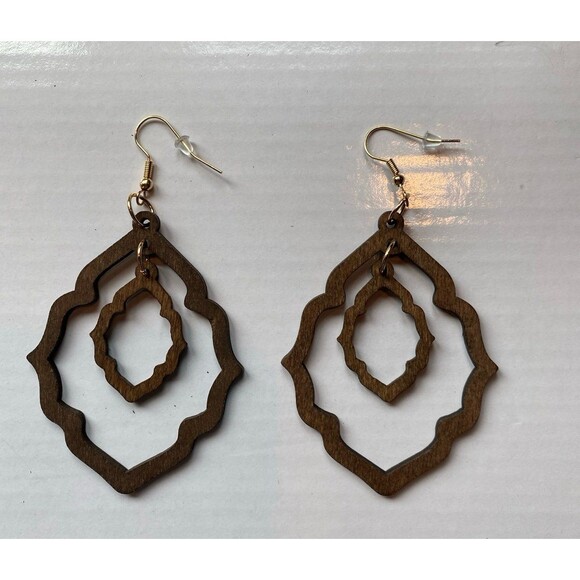 Earrings Wooden Lazer Cut are Double Drop with Open Frame Lightweight Casual - Picture 2 of 5